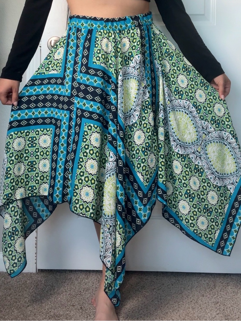 Geometric Mandala Print Handkerchief Hem Midi Skirt Blue Green Boho Beachy